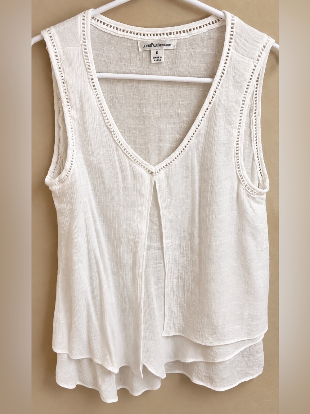 John Paul Richard White Layered Boho Tank Top Crochet Trim Small